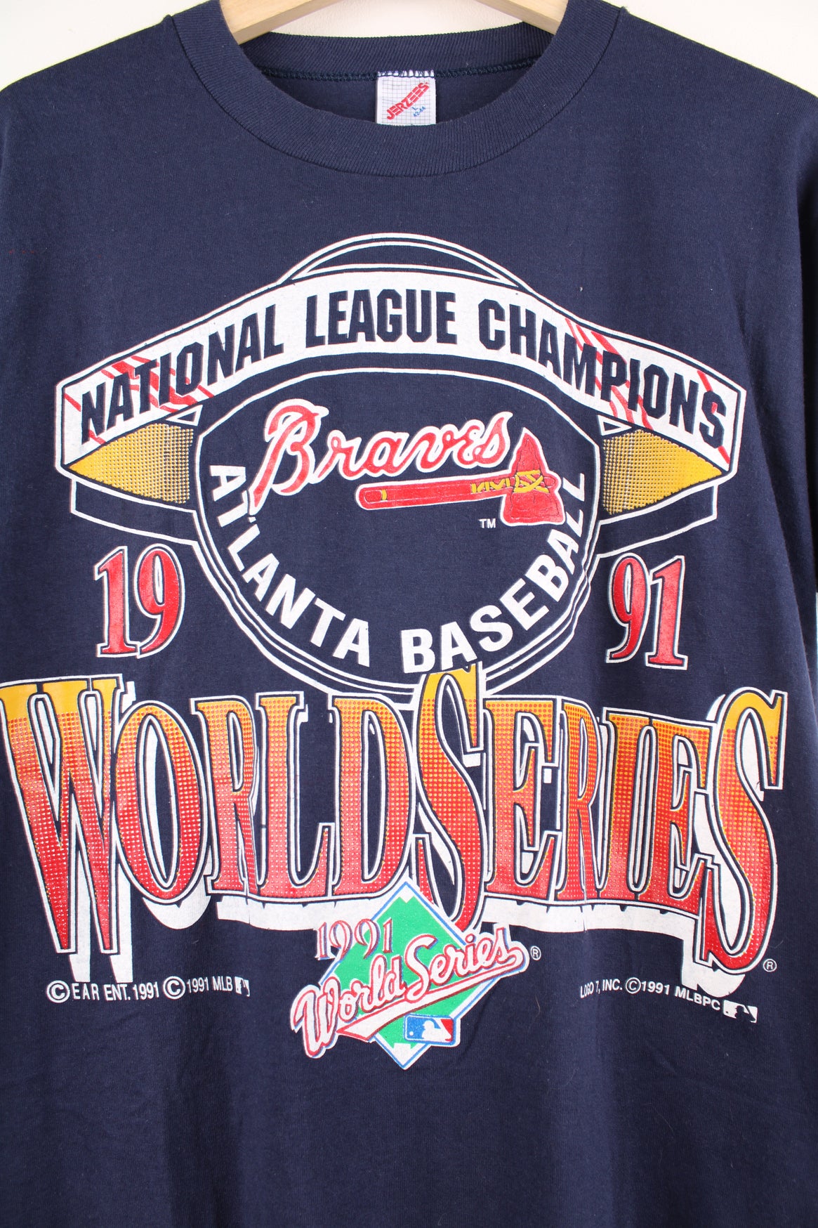 Vintage made in the USA 1991 World Series, Atlanta Braves navy blue single stitch t-shirt with printed graphic on the front 