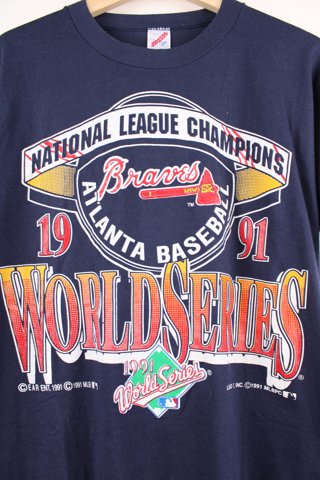 Vintage made in the USA 1991 World Series, Atlanta Braves navy blue single stitch t-shirt with printed graphic on the front 