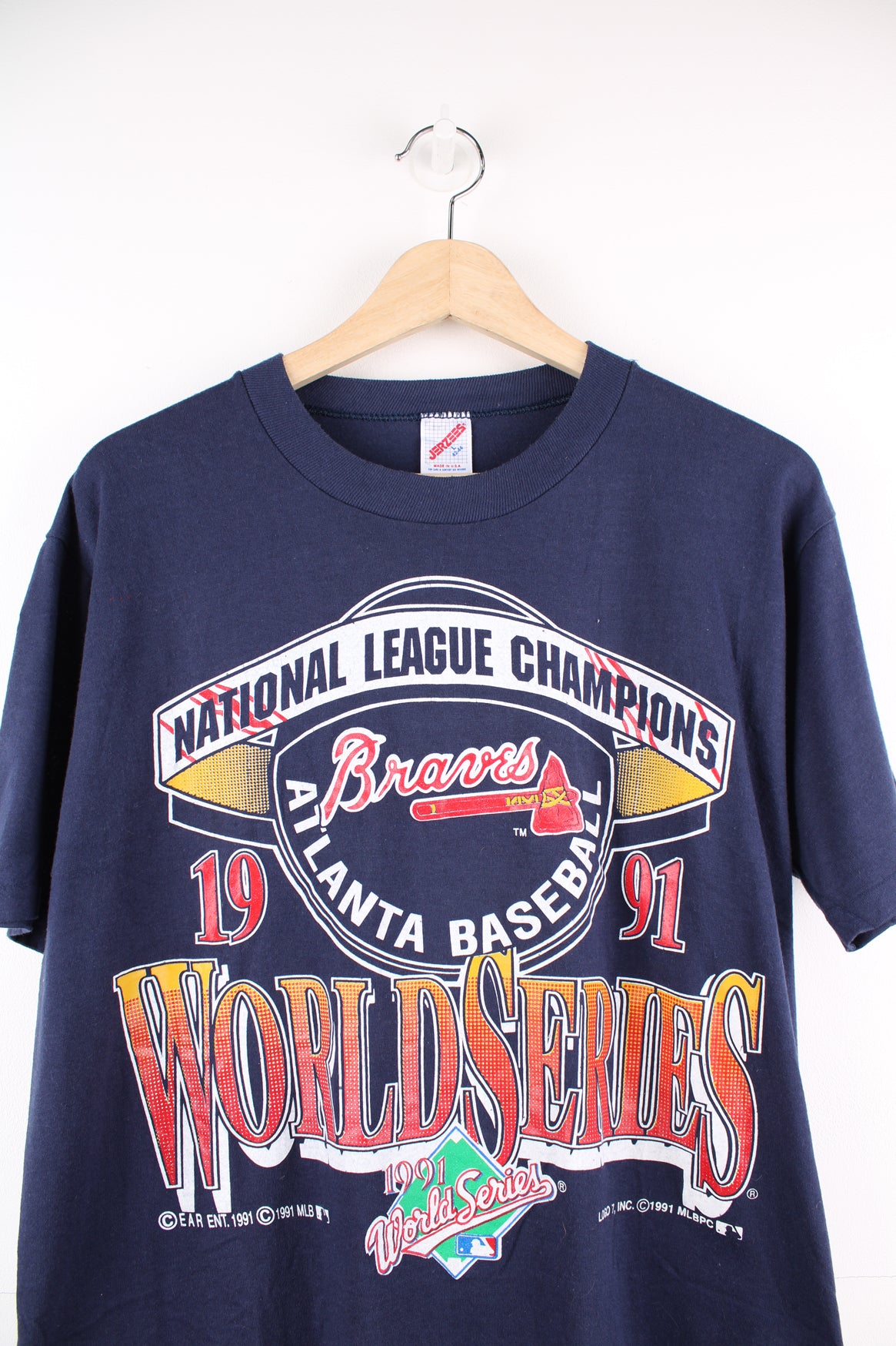 Vintage made in the USA 1991 World Series, Atlanta Braves navy blue single stitch t-shirt with printed graphic on the front 