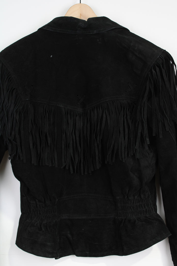 Vintage black cropped suede fringe jacket features three popper buttons at the front