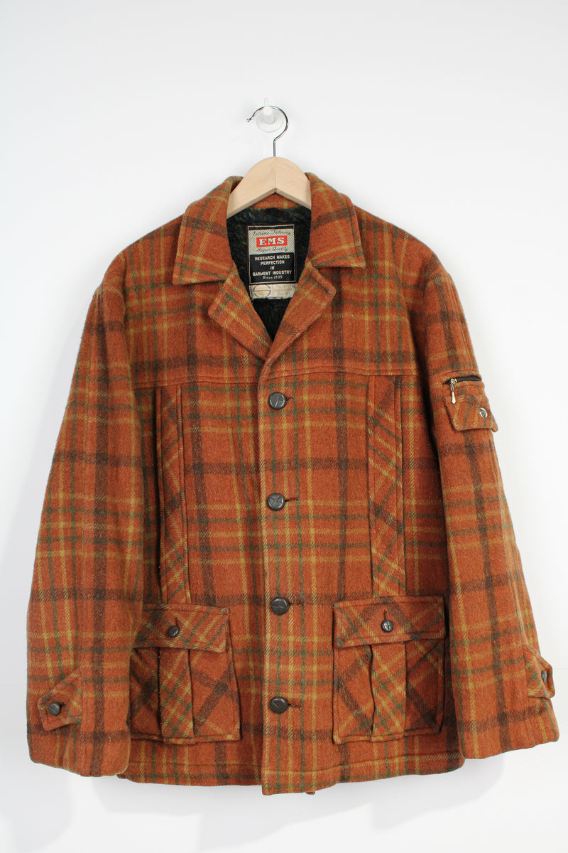 Vintage EMS orange/brown plaid wool button up CPO jacket with faux fur lining and multiple pockets