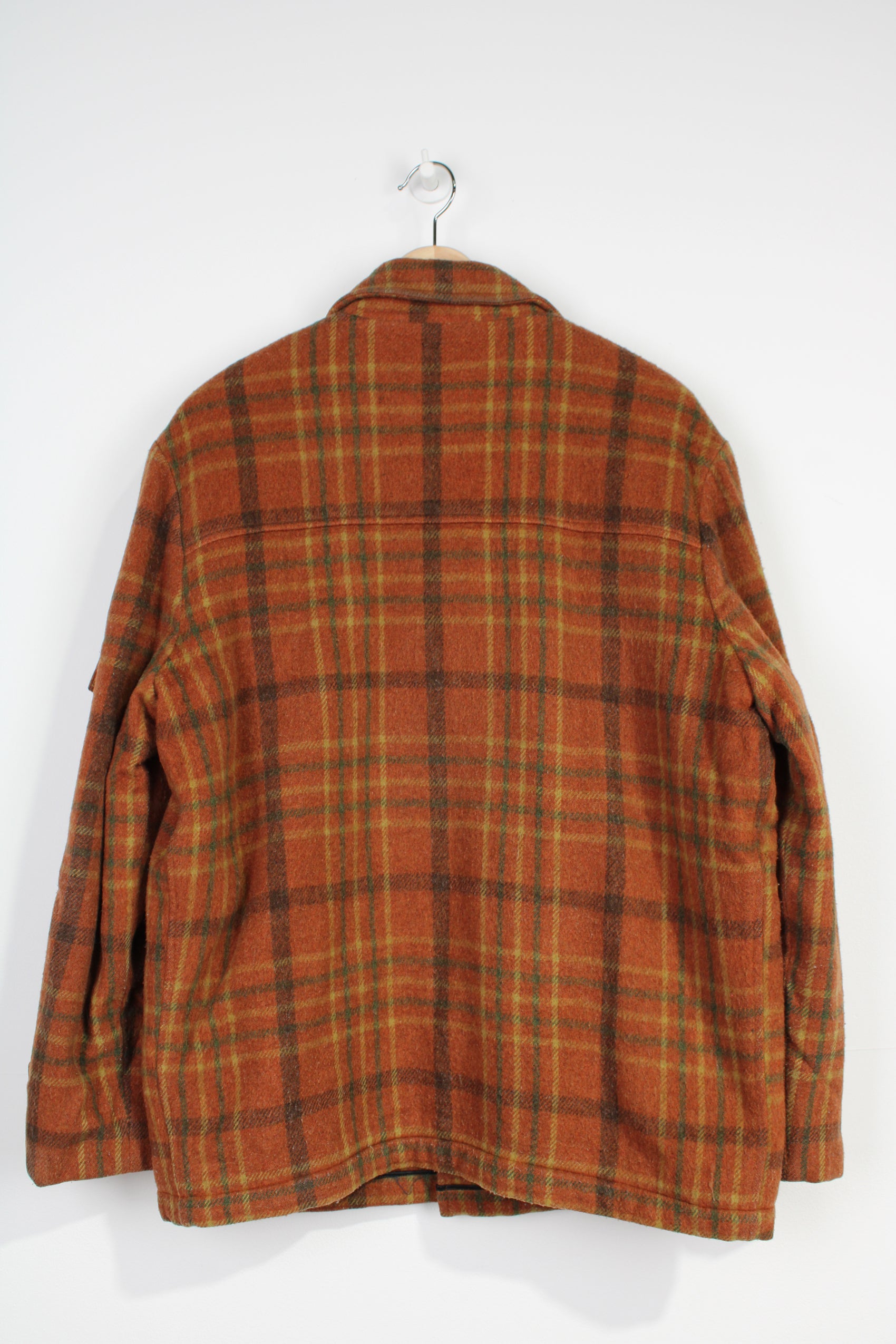 Vintage EMS orange/brown plaid wool button up CPO jacket with faux fur lining and multiple pockets