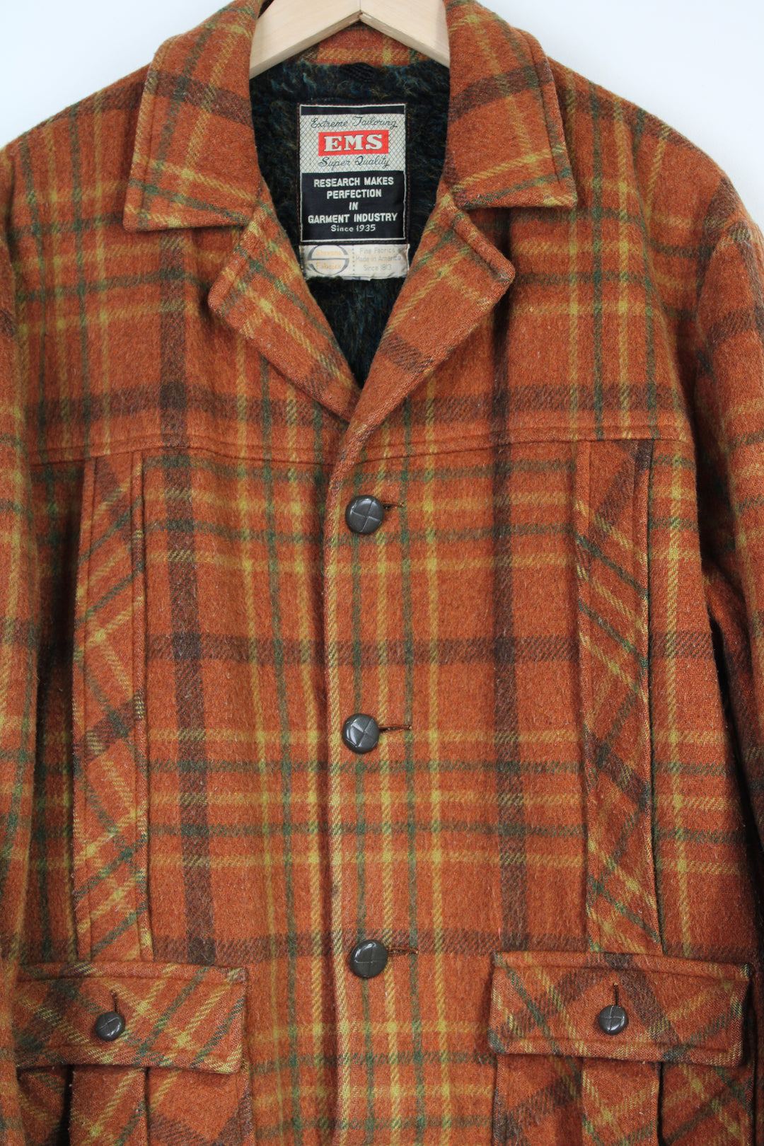 Vintage EMS orange/brown plaid wool button up CPO jacket with faux fur lining and multiple pockets