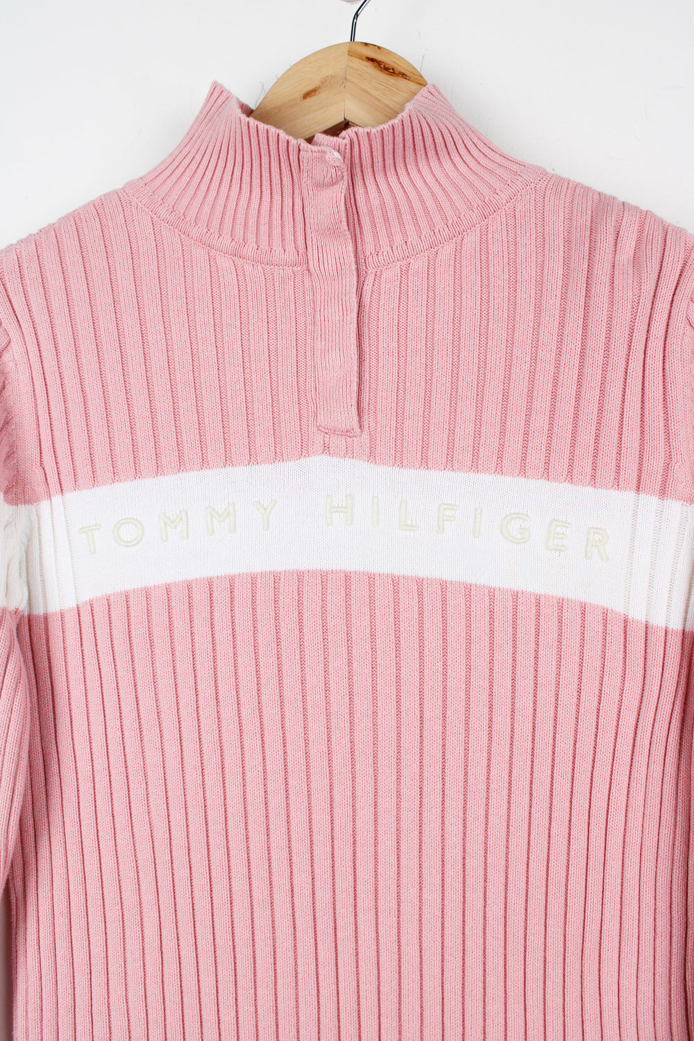 Tommy Hilfiger baby pink high neck ribbed jumper with embroidered logo on the chest