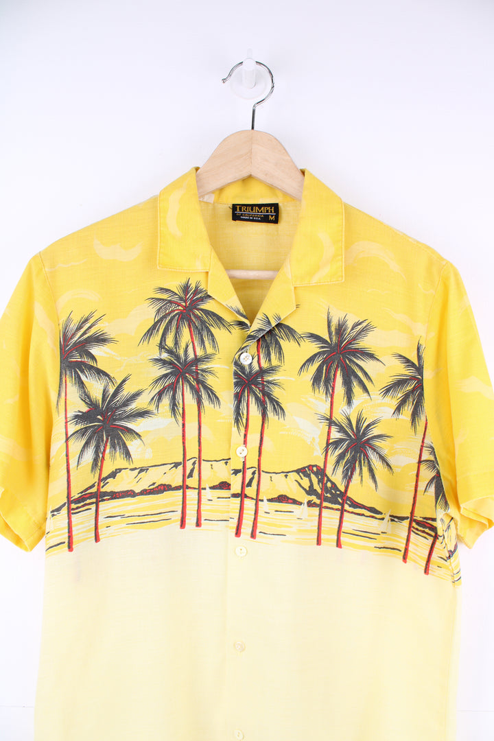 Vintage Hawaiian Shirt in a yellow colourway, palm tree island design printed on the front and back, button up and has a camp collar.