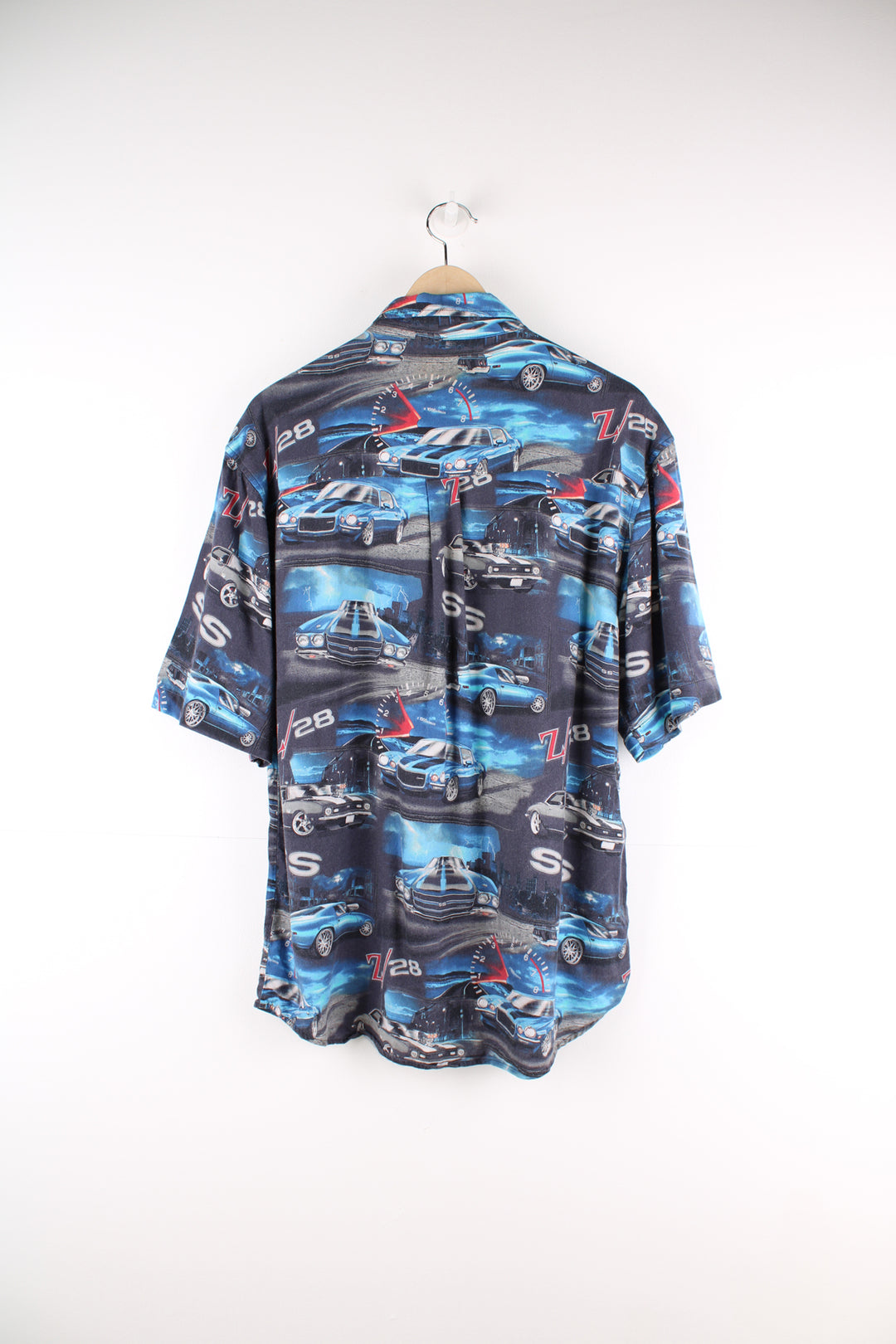 Vintage Classic Car Racer Shirt in a blue colourway, all over print, button up and has a chest pocket.