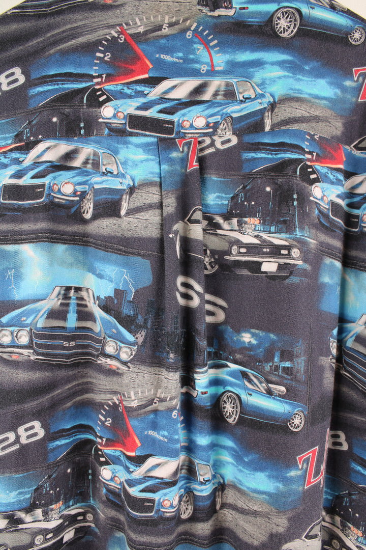 Vintage Classic Car Racer Shirt in a blue colourway, all over print, button up and has a chest pocket.