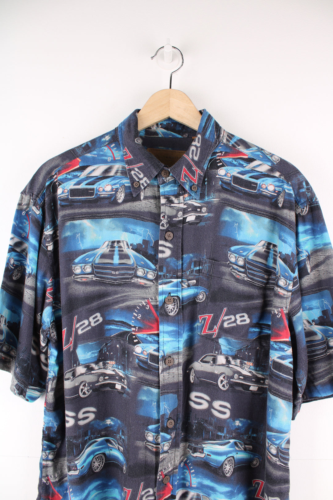 Vintage Classic Car Racer Shirt in a blue colourway, all over print, button up and has a chest pocket.