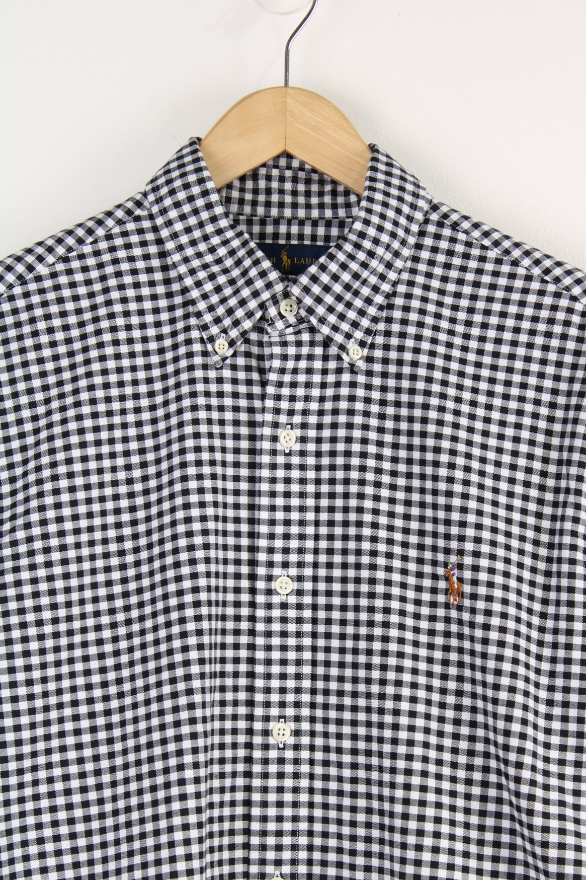 Ralph Lauren black and white gingham button up, slim-fit shirt. features embroidered logo on the chest