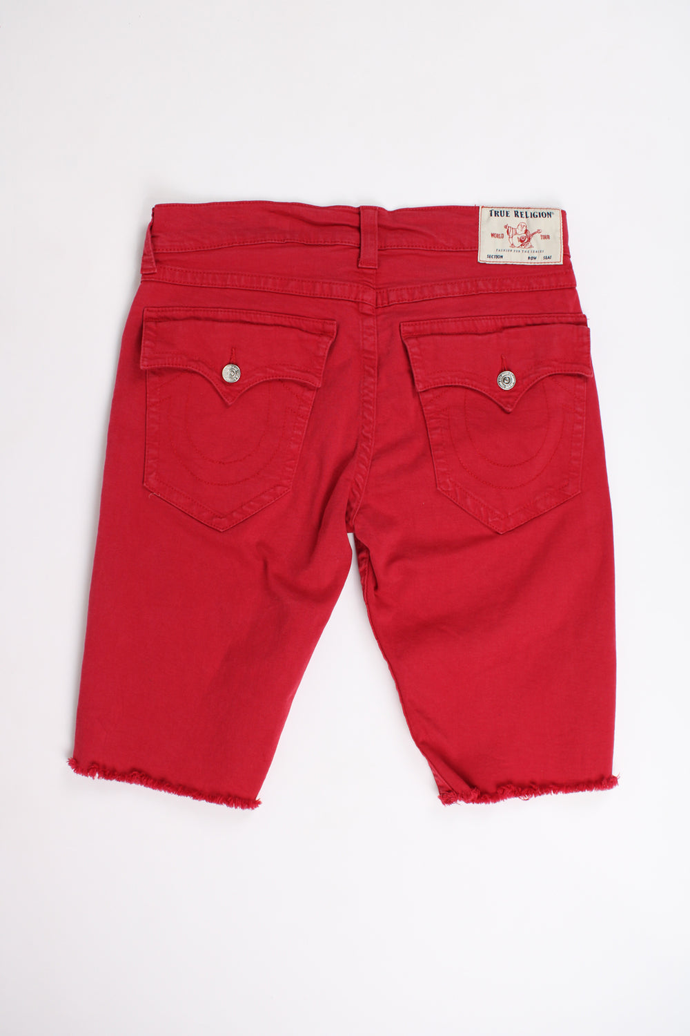 True Religion all red 3/4 denim jorts with embroidered back pockets and signature logo on the waistband