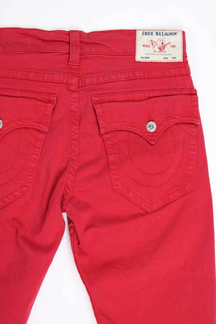 True Religion all red 3/4 denim jorts with embroidered back pockets and signature logo on the waistband