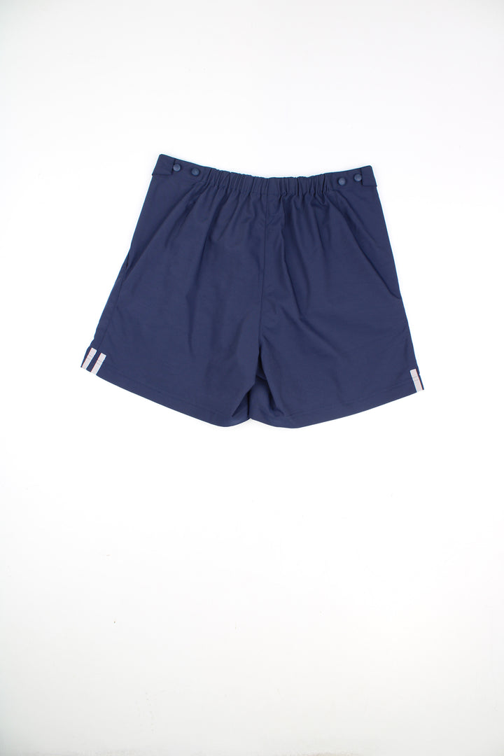 Adidas Shorts in a blue colourway, adjustable waist, pockets, and has the logo embroidered on the front.