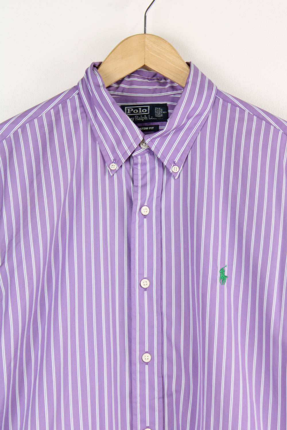 Ralph Lauren purple and white striped button up shirt with signature embroidered logo on the chest