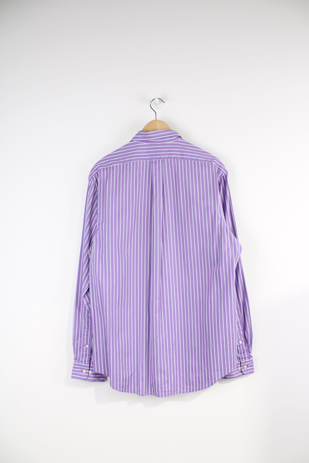 Ralph Lauren purple and white striped button up shirt with signature embroidered logo on the chest