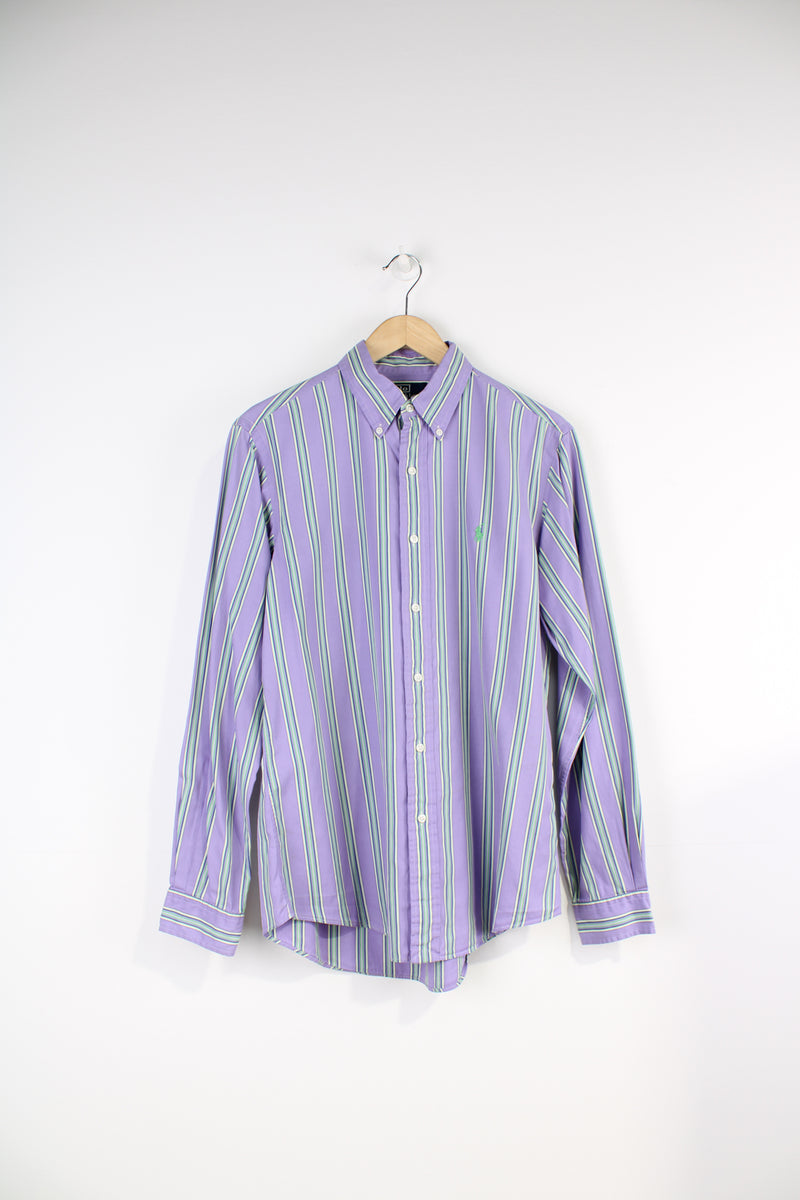 Ralph Lauren purple and mint green striped button up shirt with signature embroidered logo on the chest