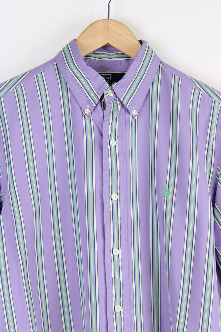 Ralph Lauren purple and mint green striped button up shirt with signature embroidered logo on the chest