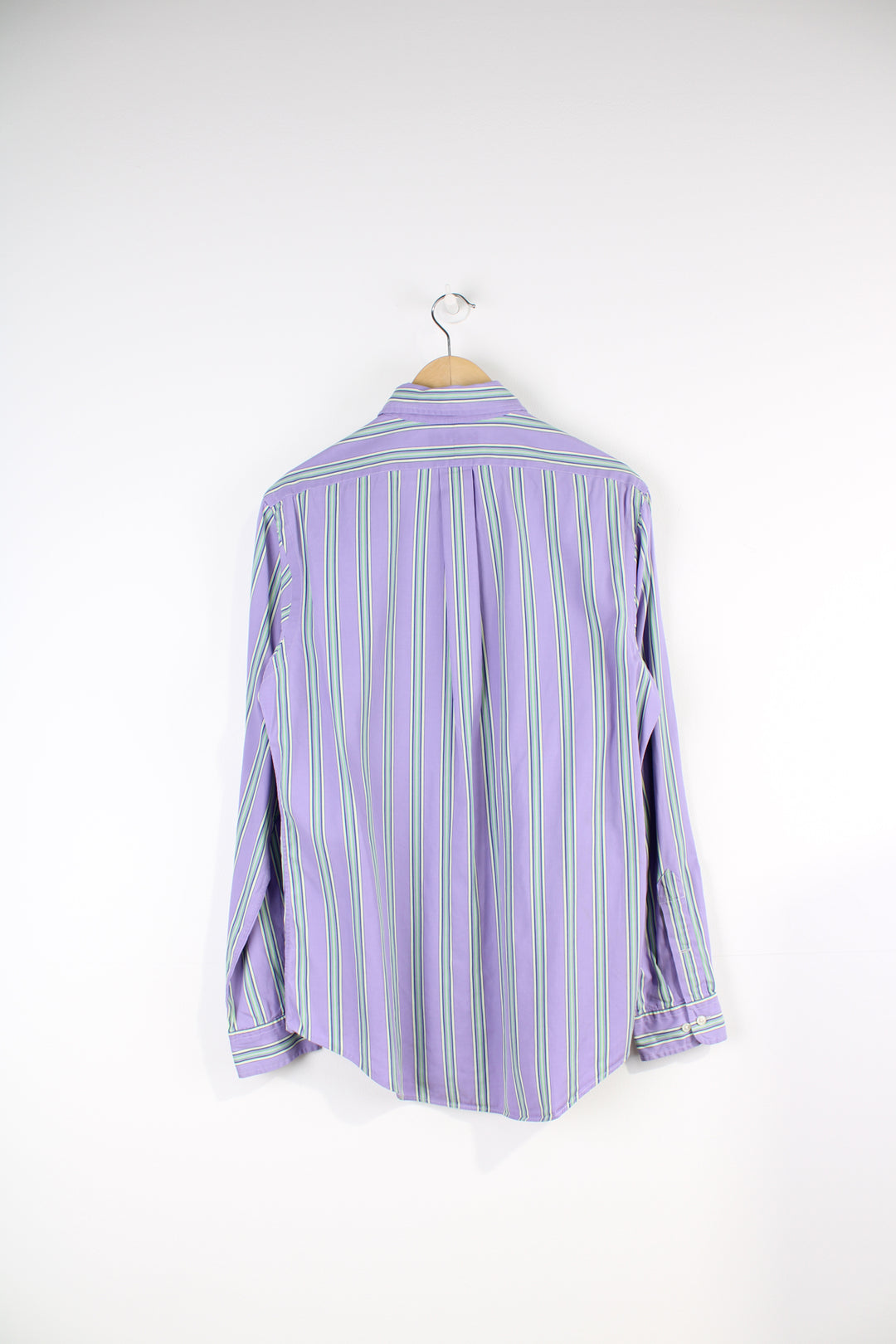 Ralph Lauren purple and mint green striped button up shirt with signature embroidered logo on the chest