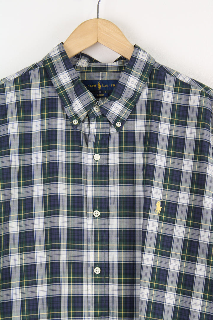 Vintage Ralph Lauren Shirt in a green, blue, yellow and white plaid colourway, slim fit, button up shirt with the logo embroidered on the chest. 