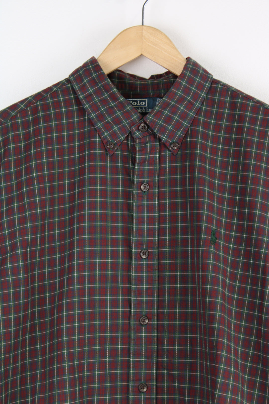 Vintage Ralph Lauren Shirt in a red, green and white plaid colourway, slim fit, button up shirt with the logo embroidered on the chest. 