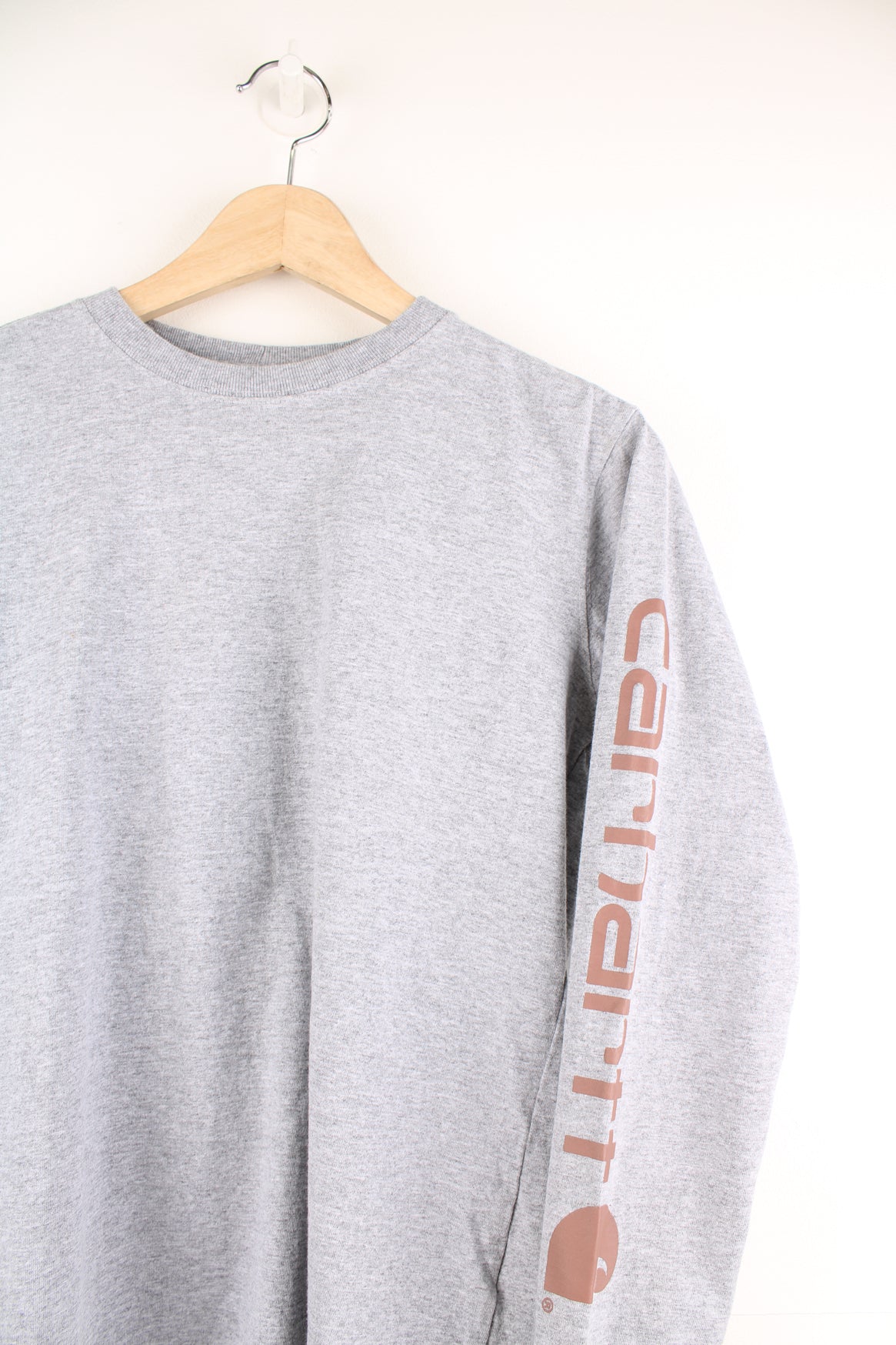 Carhartt light grey long sleeve t-shirt with spell-out logo down the sleeve 