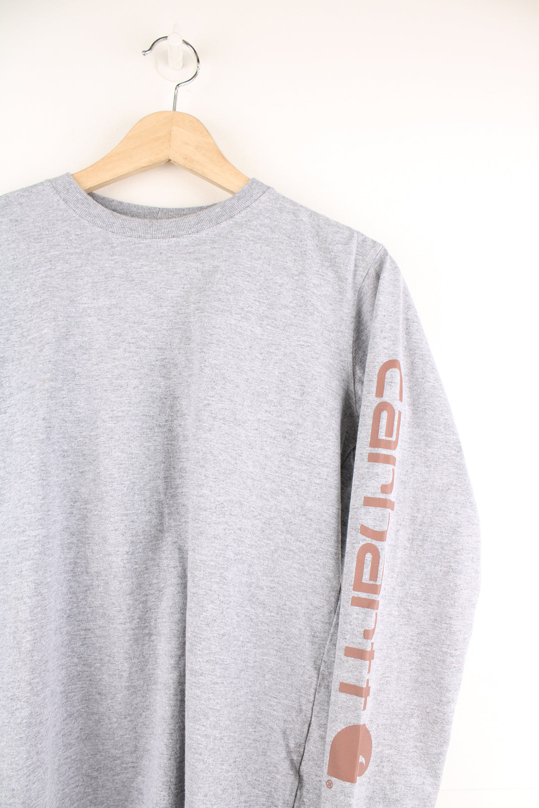 Carhartt light grey long sleeve t-shirt with spell-out logo down the sleeve 