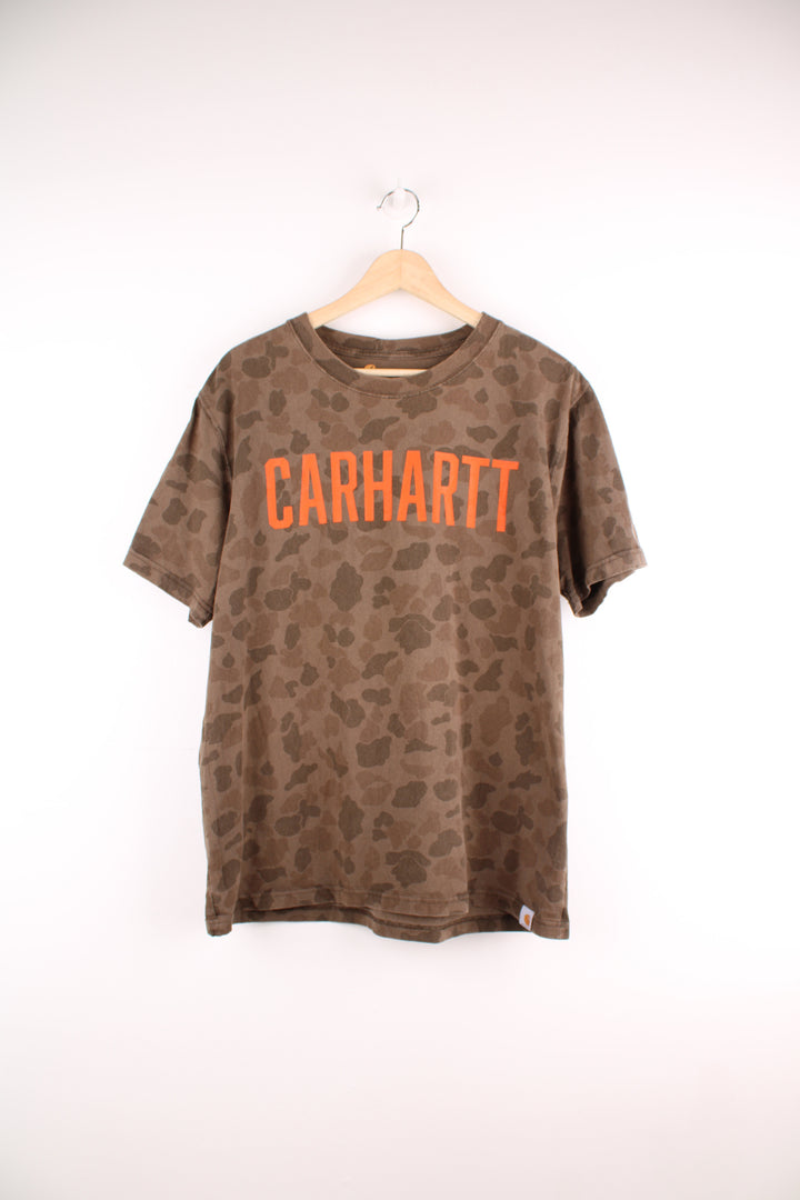 Carhartt brown camouflage relaxed fit t-shirt with spell-out logo across the front 