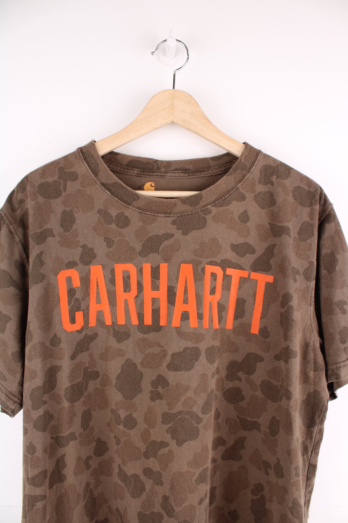 Carhartt brown camouflage relaxed fit t-shirt with spell-out logo across the front 