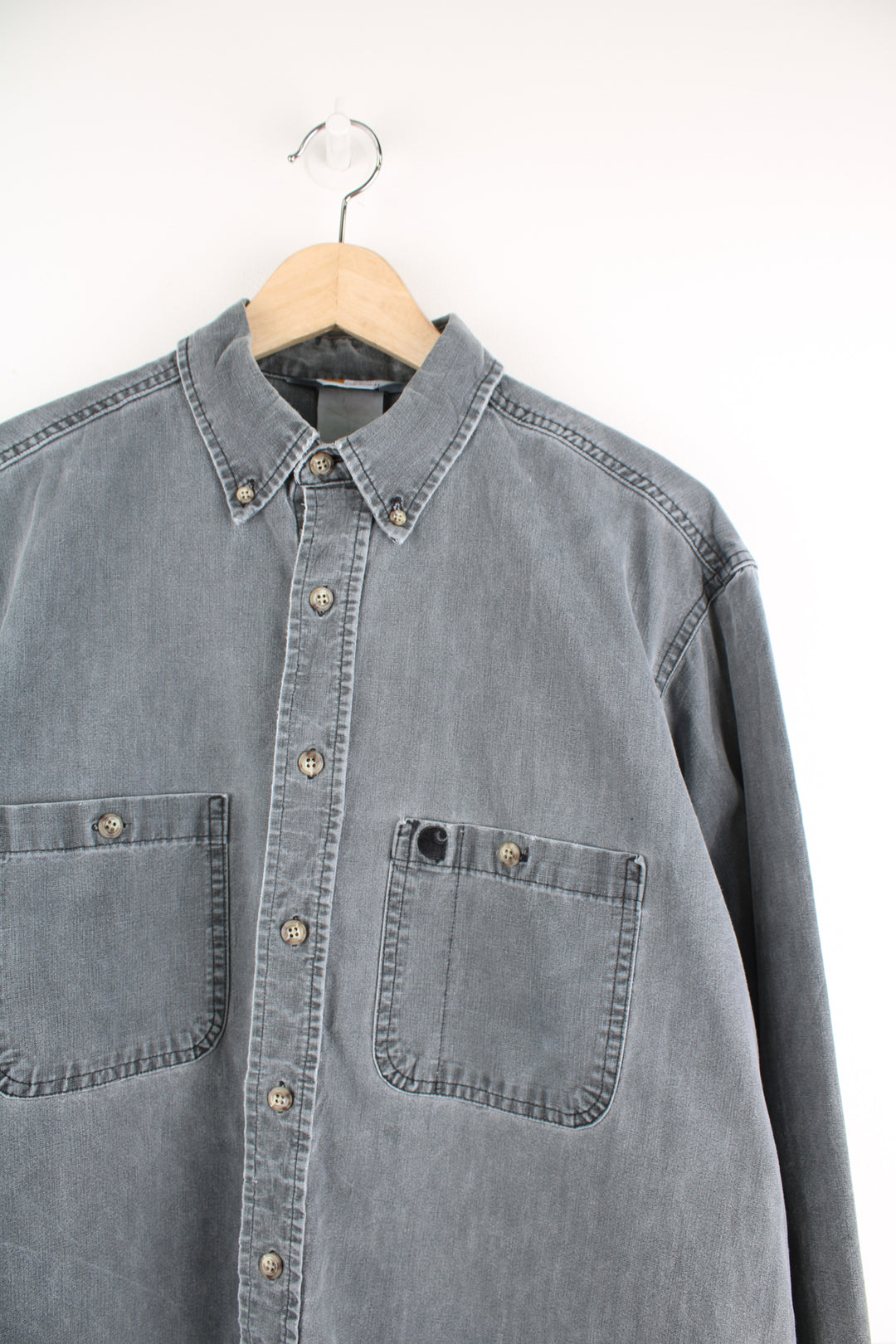 Vintage Carhartt grey denim button up shirt with embroidered logo on the chest pocket  