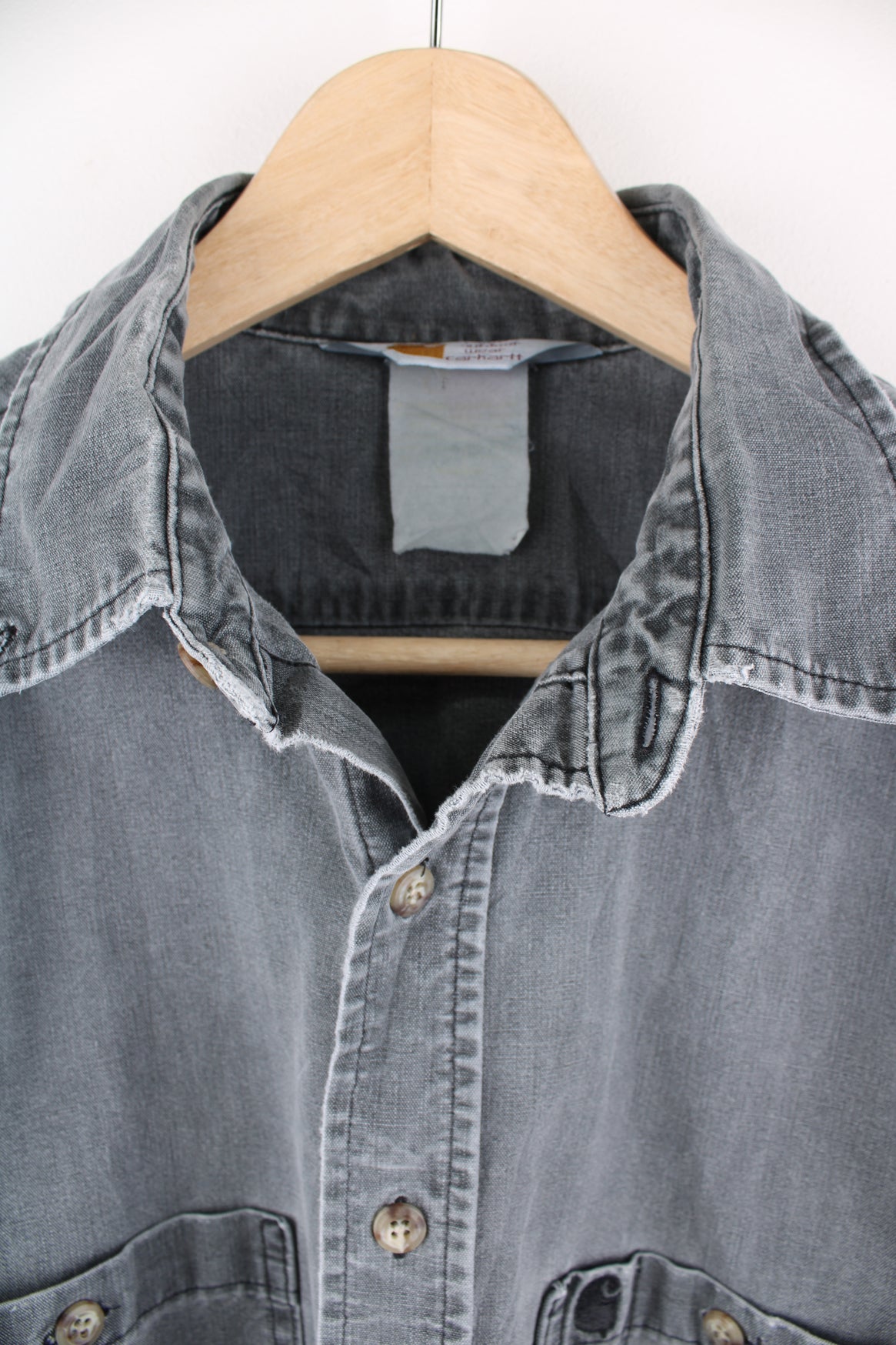 Vintage Carhartt grey denim button up shirt with embroidered logo on the chest pocket  