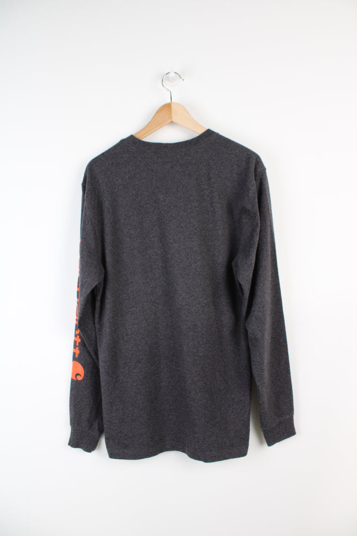 Dark grey Carhartt loose fit, long sleeve t-shirt with spell-out branding down the sleeve 