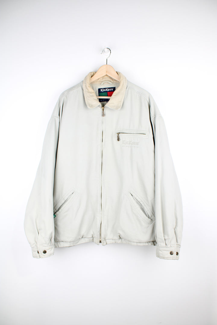 Cream denim jacket by Kickers. Slightly padded with cord lined collar and fill zip to close. good condition - some discoloration on the collar (see photos) Size in Label: Mens XL - Measures slightly larger/ over-sized