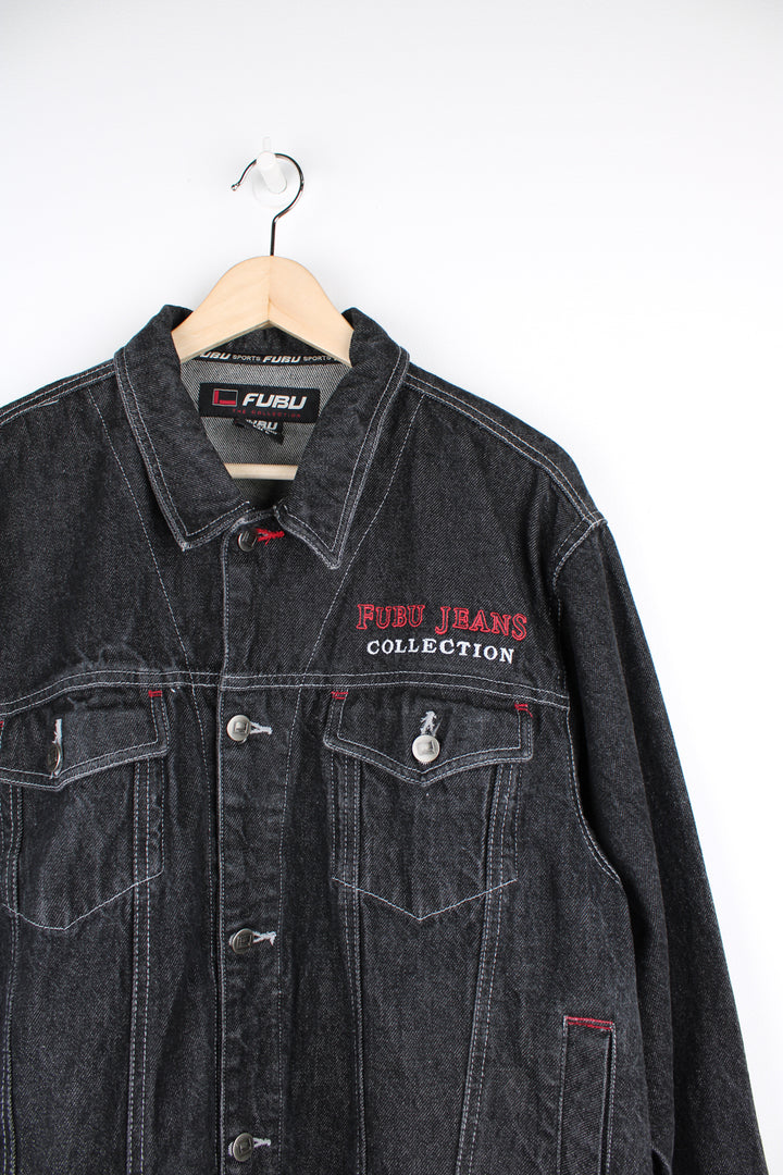 Y2K black denim jacket, closes with buttons down the front and features embroidered FUBU Jeans logo on the chest and back.   good condition  Size in Label:   Mens m