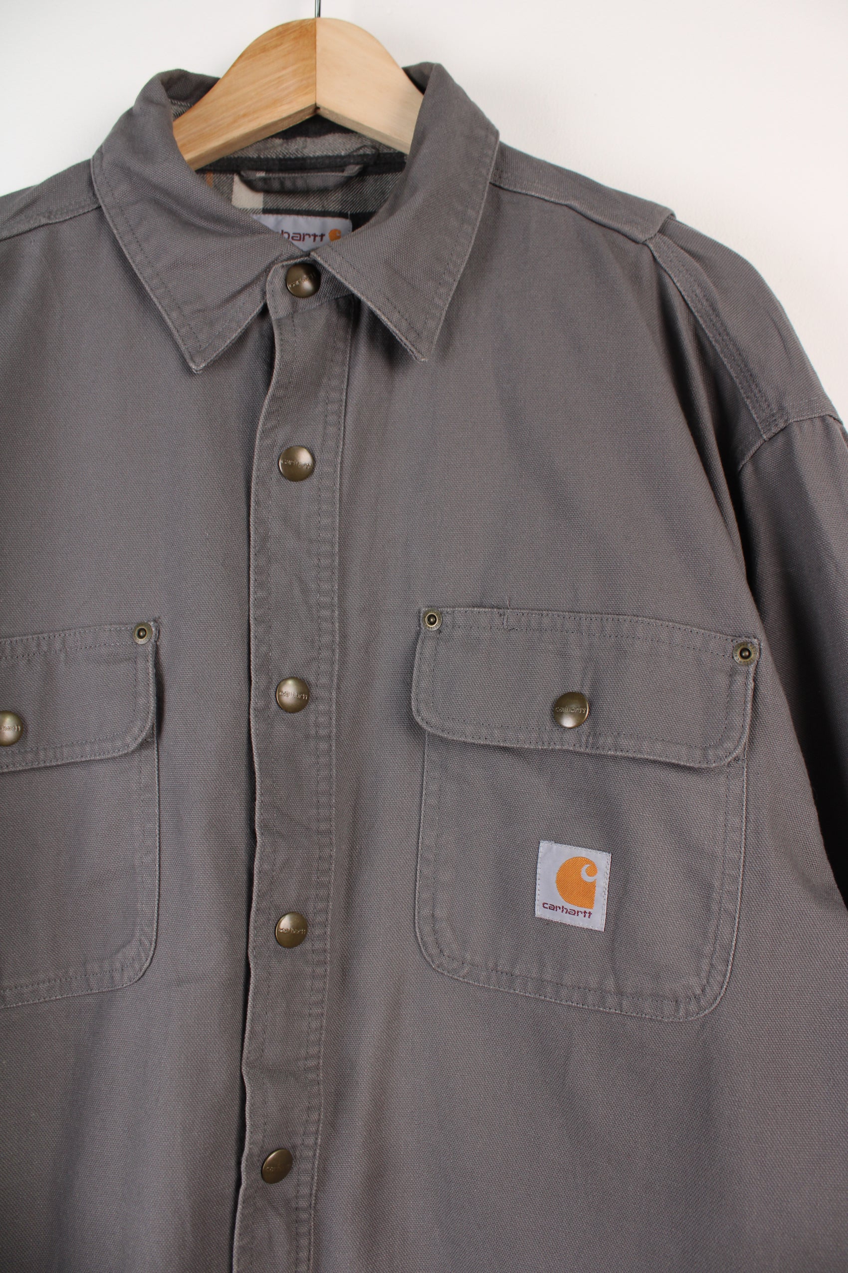 Carhartt grey cotton over shirt / shacket with plaid lining and embroidered logo on chest pocket