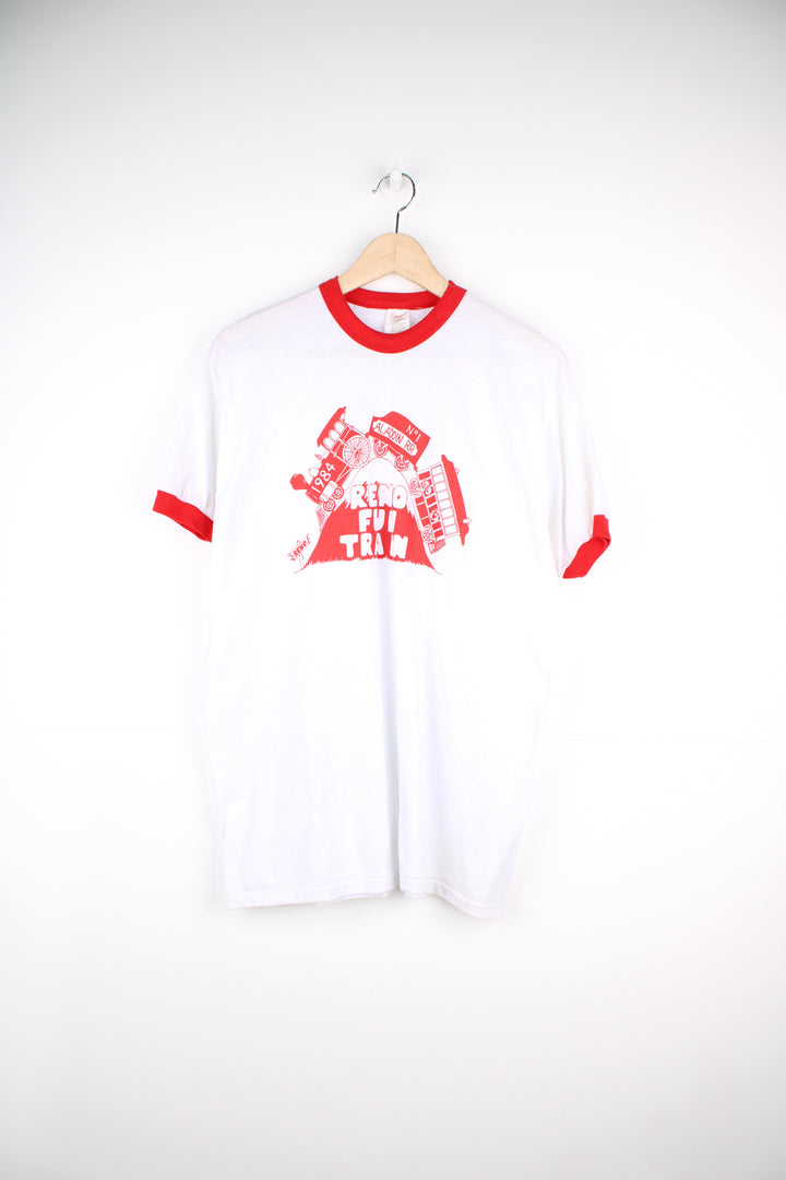 Vintage 1980's Reno Fun Train white ringer tee with red graphic and piping