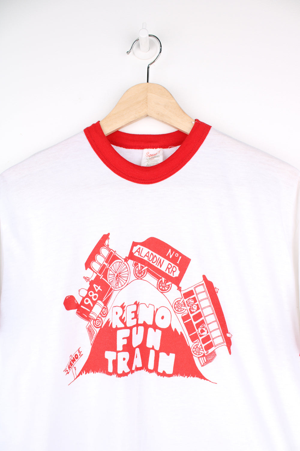 Vintage 1980's Reno Fun Train white ringer tee with red graphic and piping