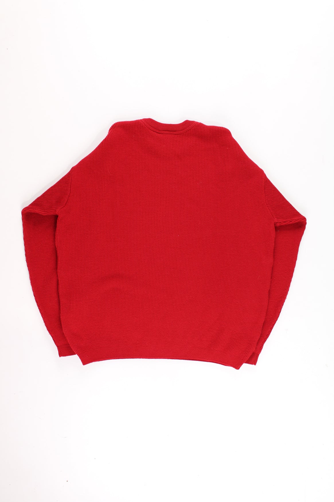 Vintage Lacoste red crew neck knit jumper with embroidered crocodile logo on the chest.