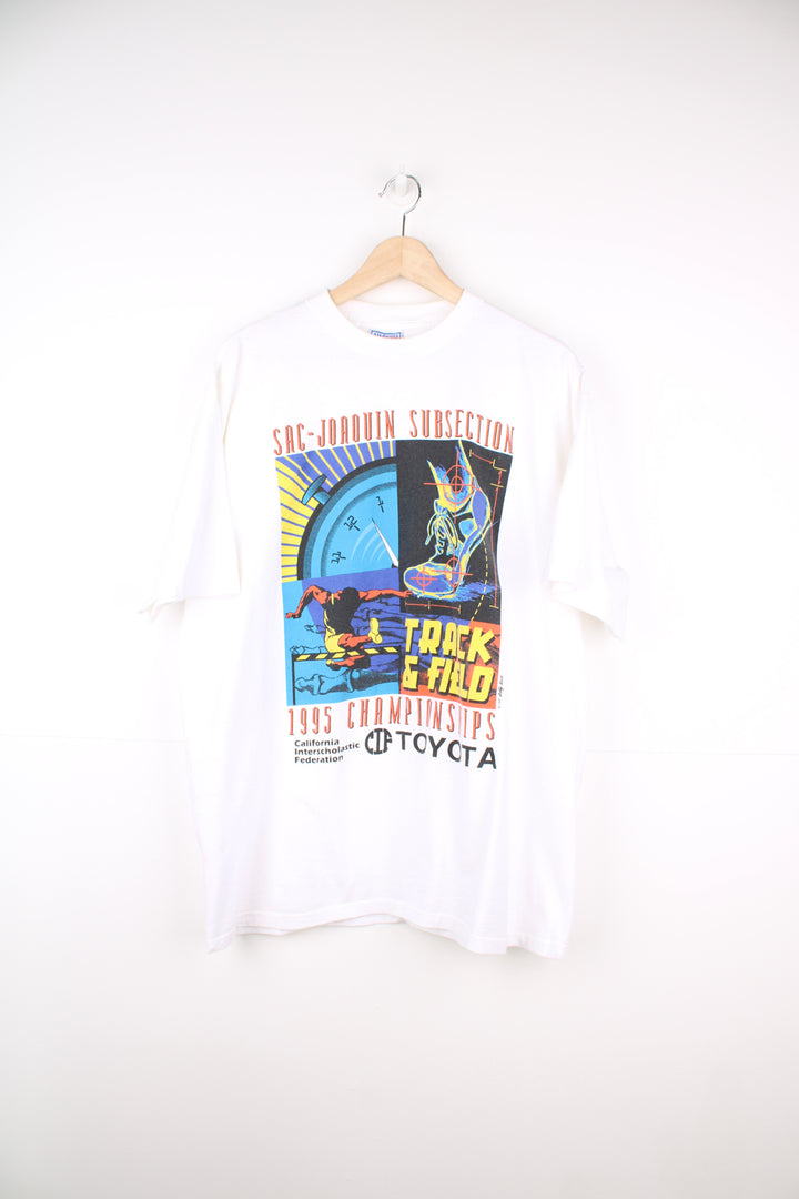 Vintage 1995 CIF Track and Field single stitch tee in white by All Sport Proweight features printed graphic by Billy Tees on the front 