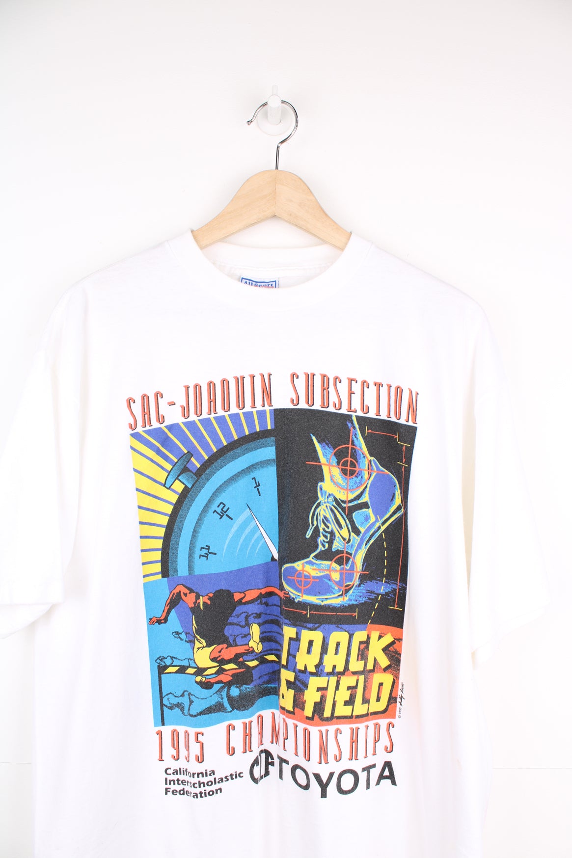 Vintage 1995 CIF Track and Field single stitch tee in white by All Sport Proweight features printed graphic by Billy Tees on the front 