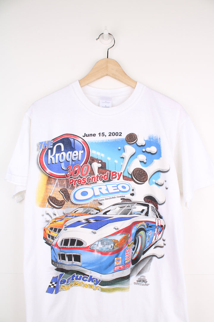 Vintage 2002 Kentucky Speedway Racing Kroger 300 Oreo t-shirt in white with single stitch and printed graphic on the front and back 