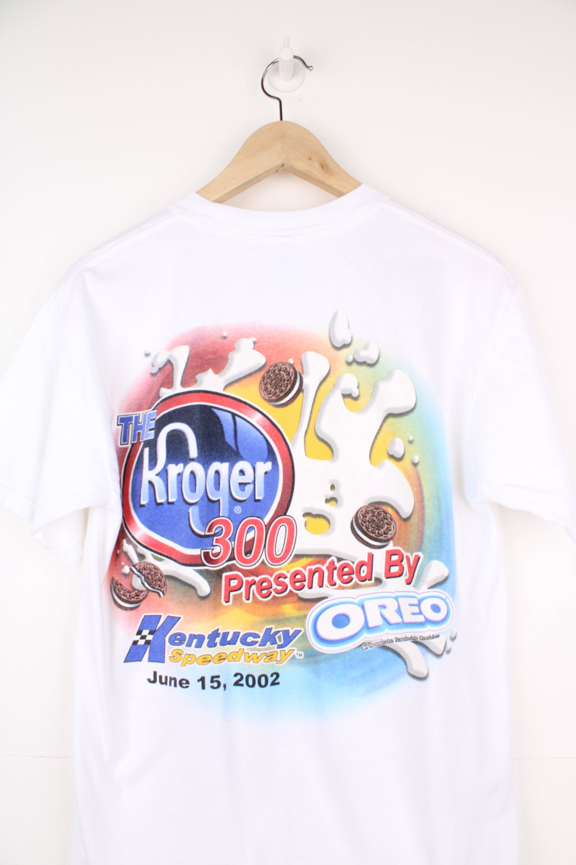 Vintage 2002 Kentucky Speedway Racing Kroger 300 Oreo t-shirt in white with single stitch and printed graphic on the front and back 