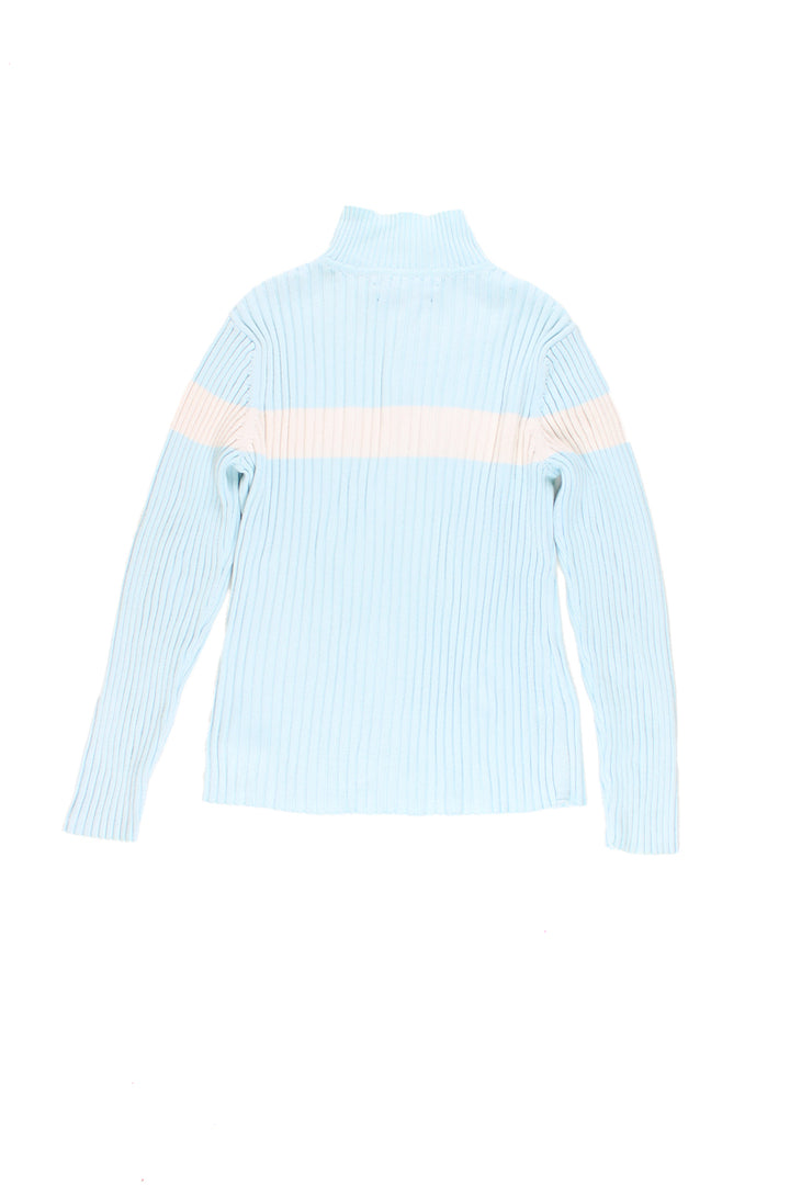 Tommy Hilfiger light blue ribbed knit roll neck. Features 1/4 length buttons at the neck to close and white vertical stripe across the chest with embroidered Tommy Hilfiger logo. good condition Size in Label: Womens L