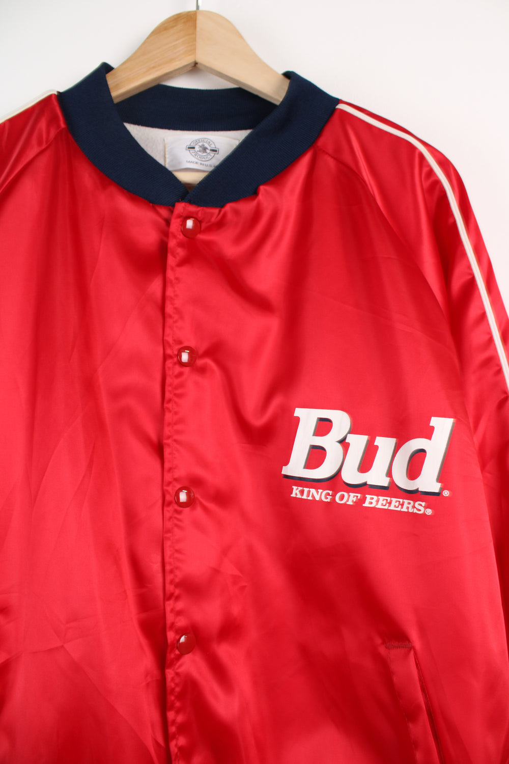 Vintage Budweiser red satin bomber jacket with "king of beers" branding on the chest and back.  good condition  Size in Label: Mens L - Measures like an XL