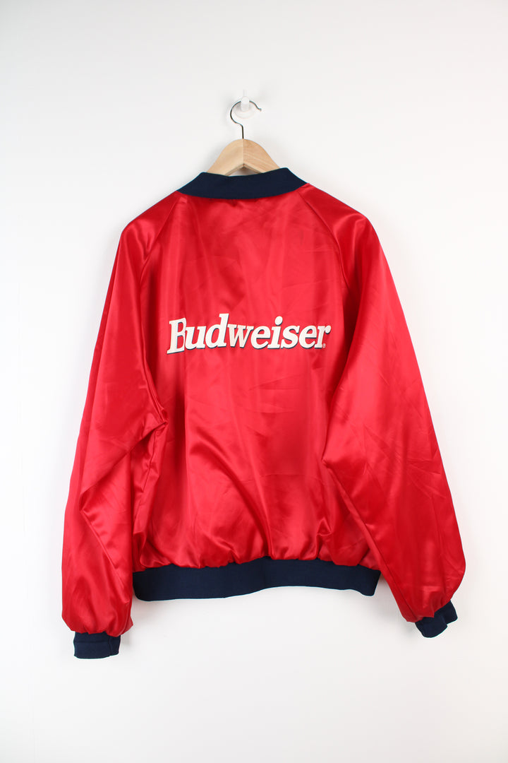 Vintage Budweiser red satin bomber jacket with "king of beers" branding on the chest and back.  good condition  Size in Label: Mens L - Measures like an XL