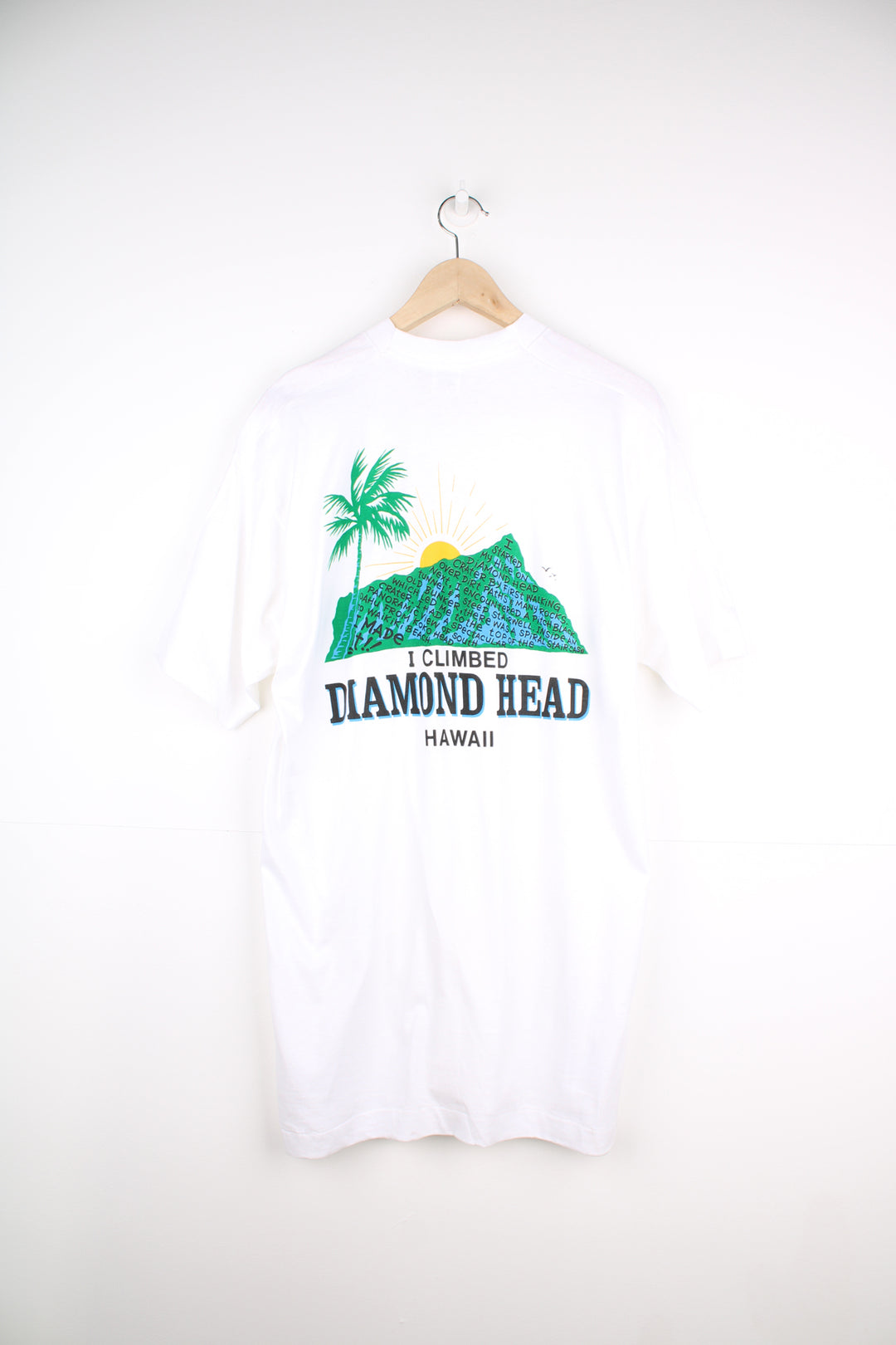 Vintage made in the USA 90's single stitch t-shirt in white by Fruit of Loom, features printed 'I climbed Diamond Head Mountain' graphic on the front and back  