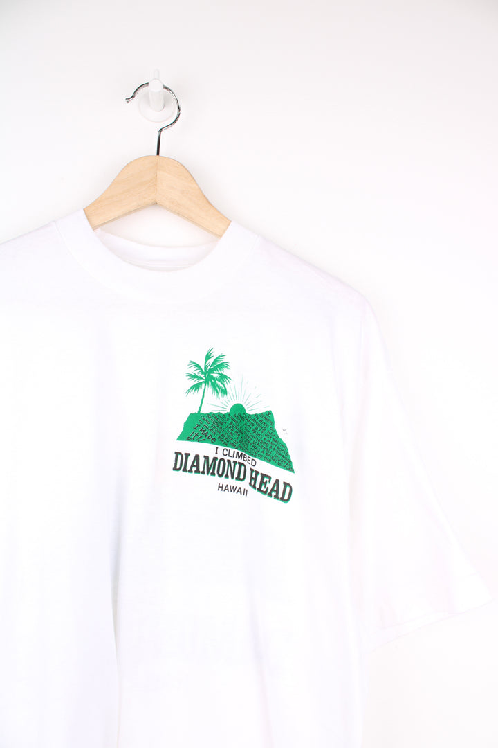 Vintage made in the USA 90's single stitch t-shirt in white by Fruit of Loom, features printed 'I climbed Diamond Head Mountain' graphic on the front and back  