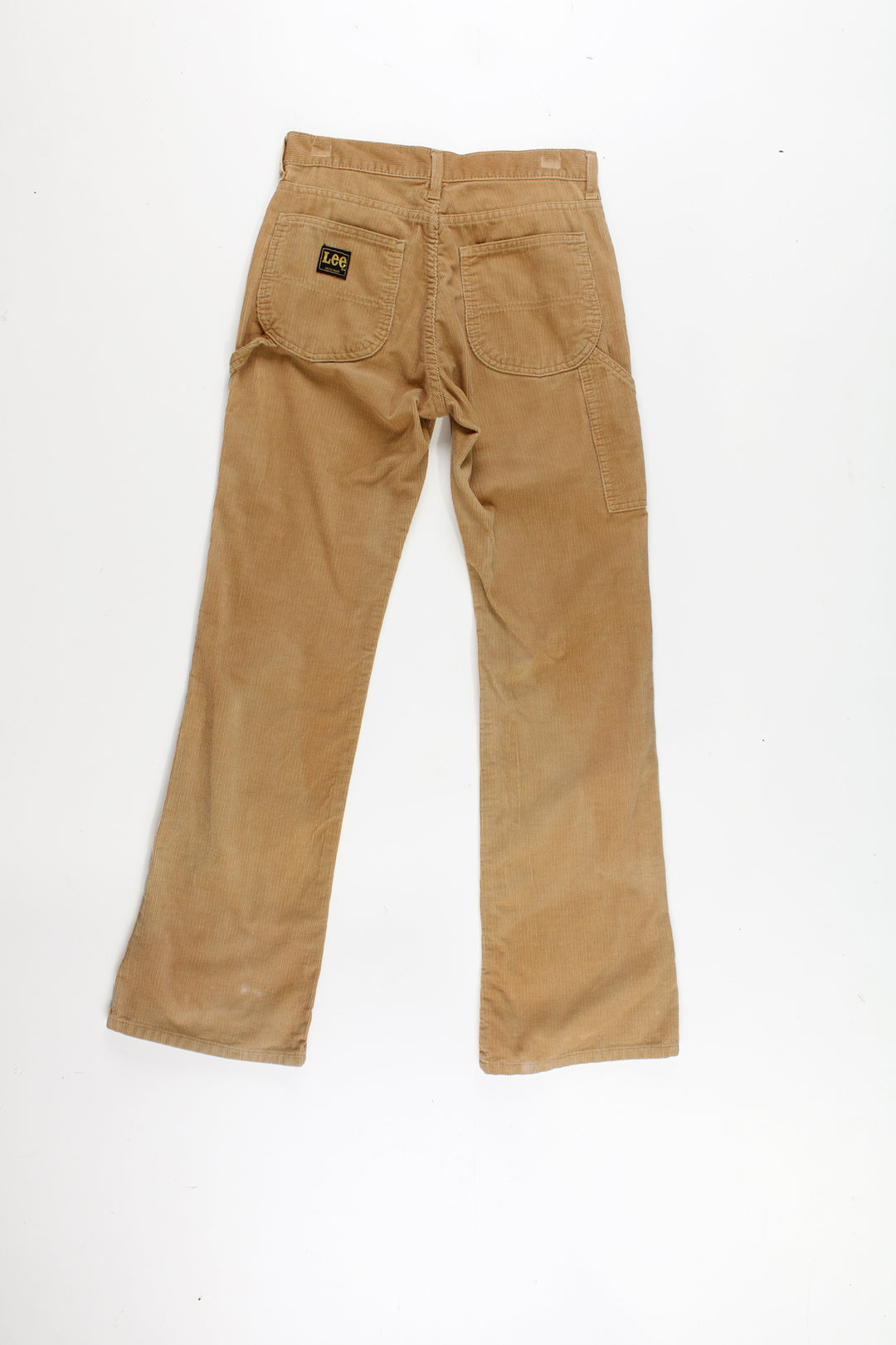 Vintage 90's Lee, Union made tan corduroy high waisted, slightly flared trousers. features square label on the back pocket and carpenter style detailing