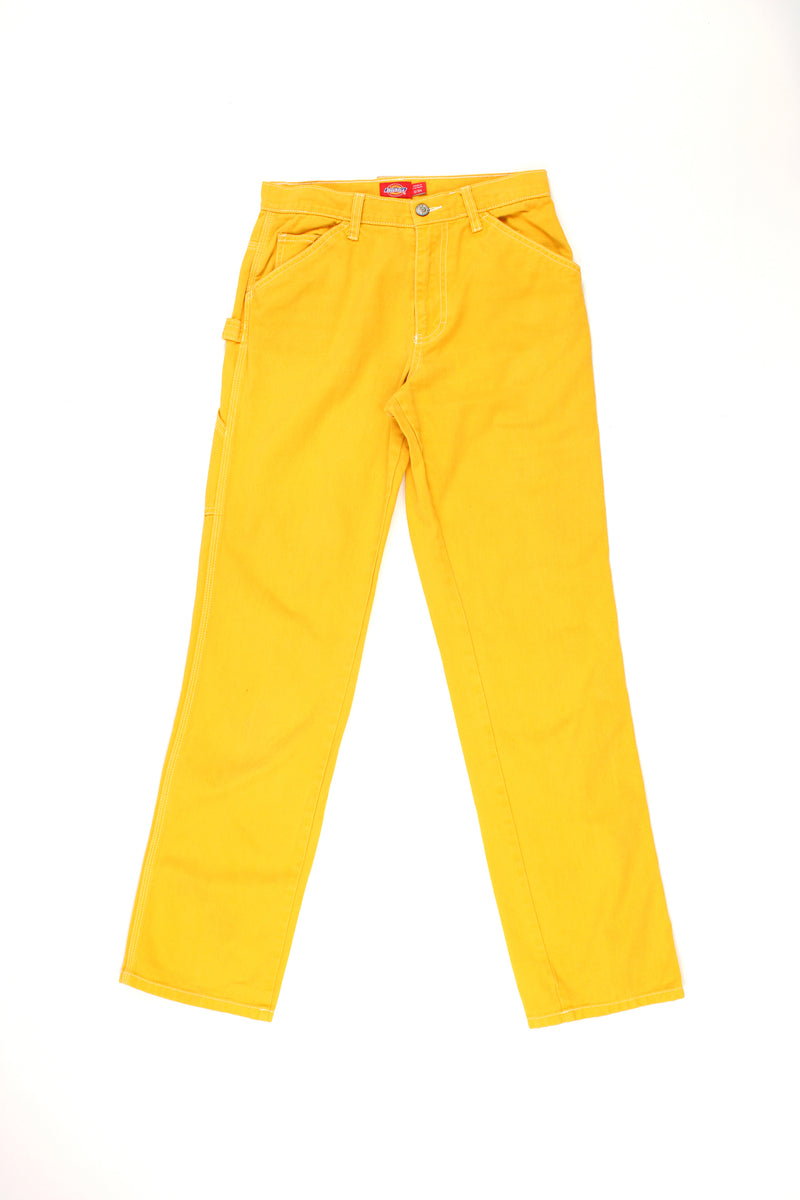 Dickies bright yellow carpenter style jeans with multiple pockets and white contrast stitching