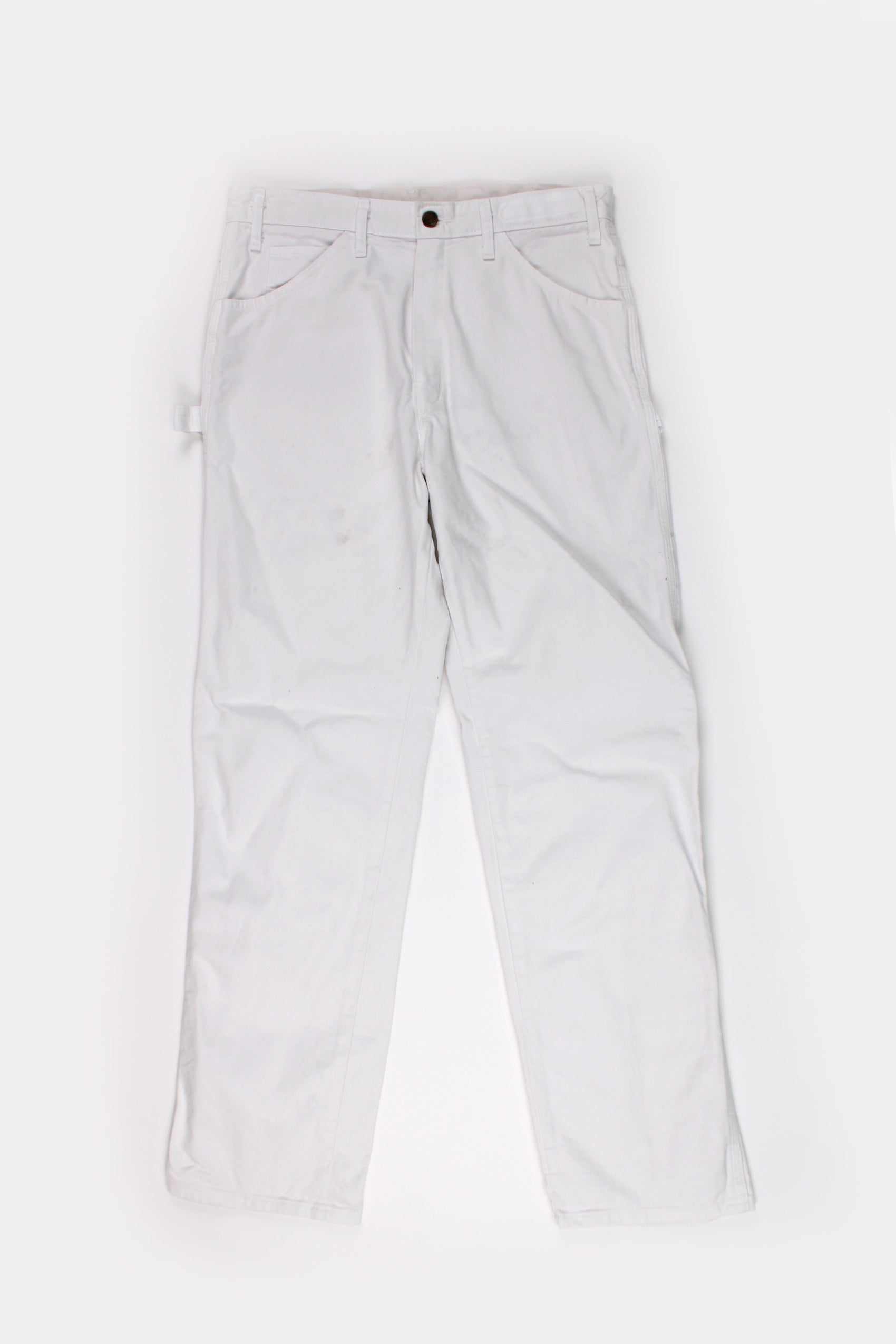 Dickies all white carpenter style jeans with multiple pockets and white contrast stitching