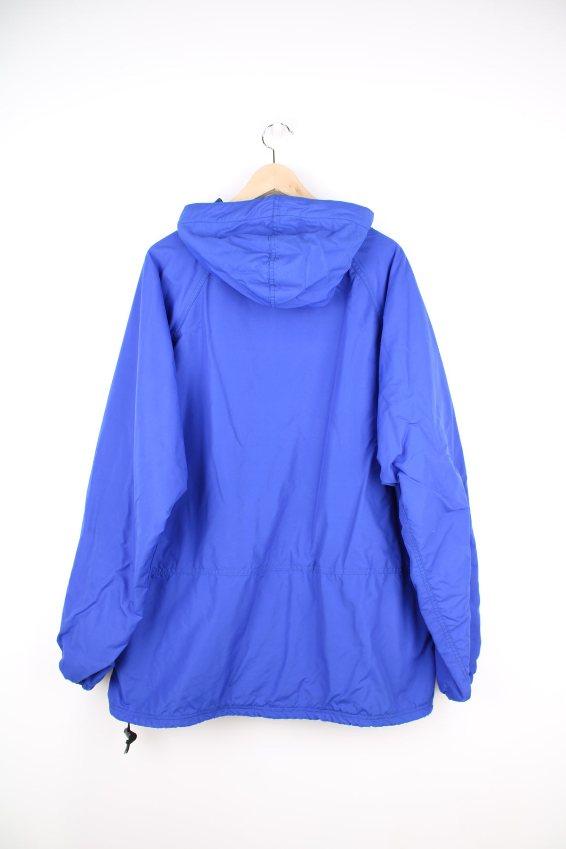 L.L. Bean Anorak Jacket in a blue colourway, half zip, big pouch pockets, fleece lining, hooded, and has the logo embroidered on the front.