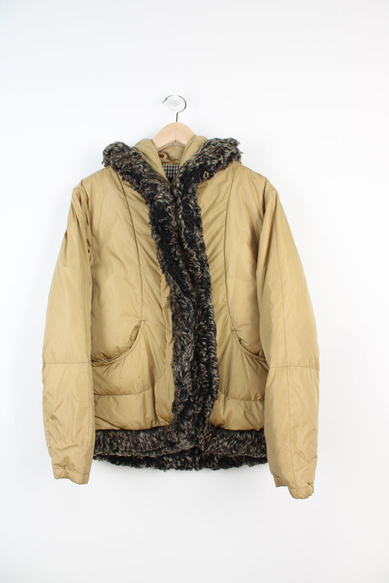 Aquascutum golden / tan puffer jacket with Aquascutum print lining and faux fur trim